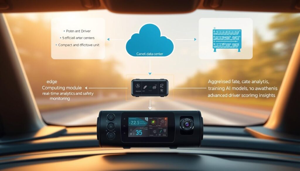 Diagram showing AI dash cam system architecture with camera hardware, edge processor, and cloud connectivity