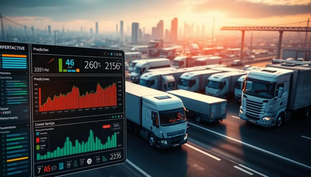 AI-powered fleet maintenance software displaying fault code analysis and failure prediction alerts