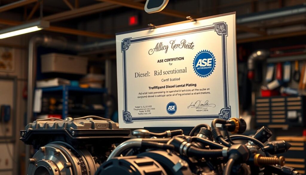 ASE certified diesel technician working on heavy-duty truck engine in fleet maintenance shop