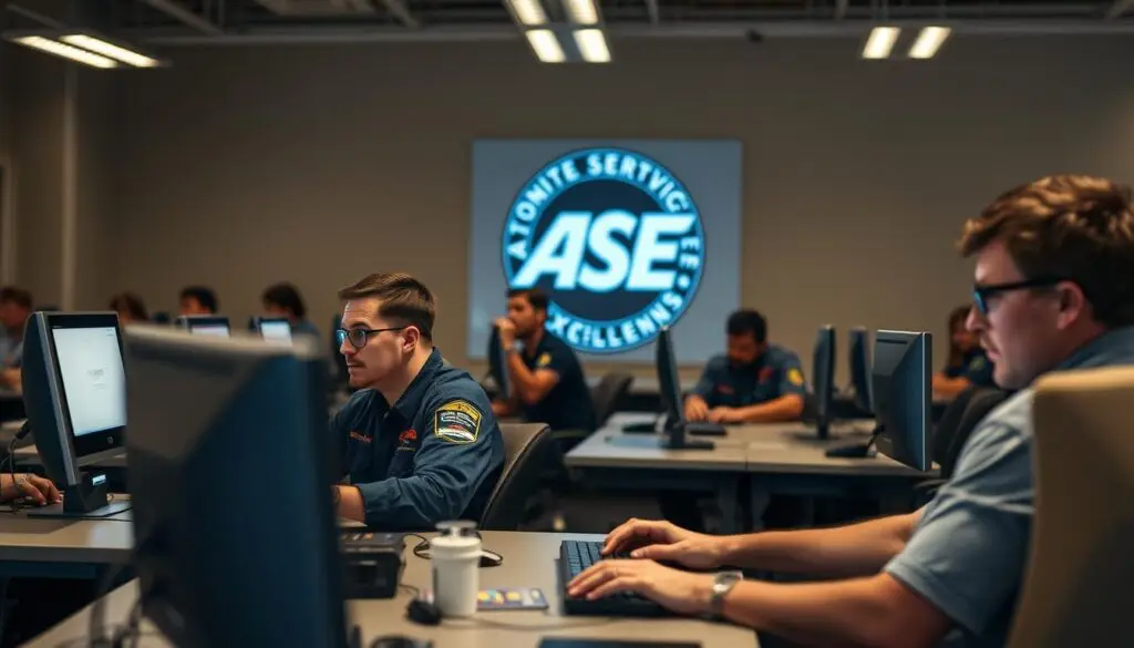 Diesel technician studying for ASE certification exam at a workbench