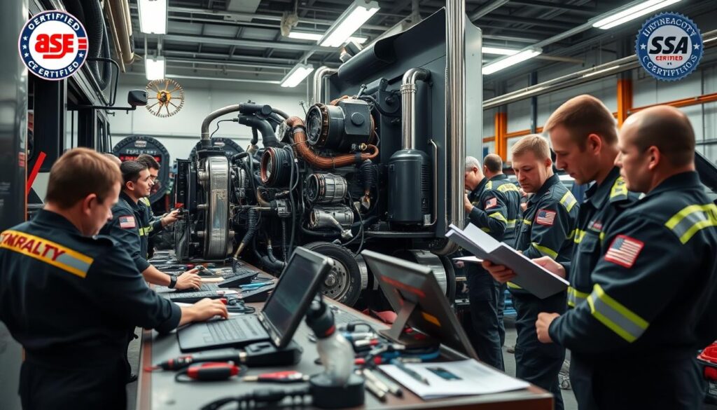 Diesel technician holding ASE certification while working on heavy-duty truck engine