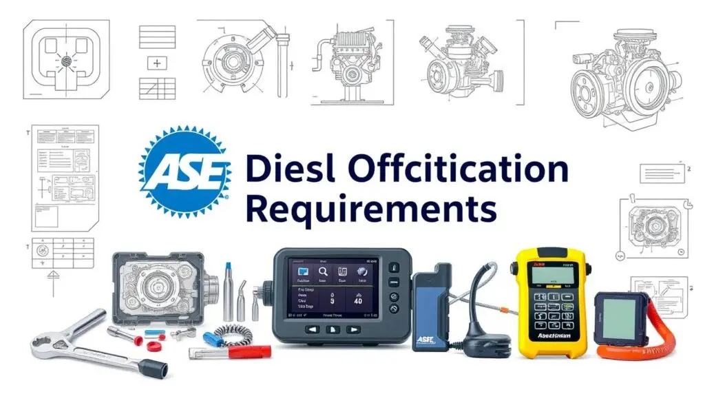ASE certification badge and testing materials for T-series diesel technician exams