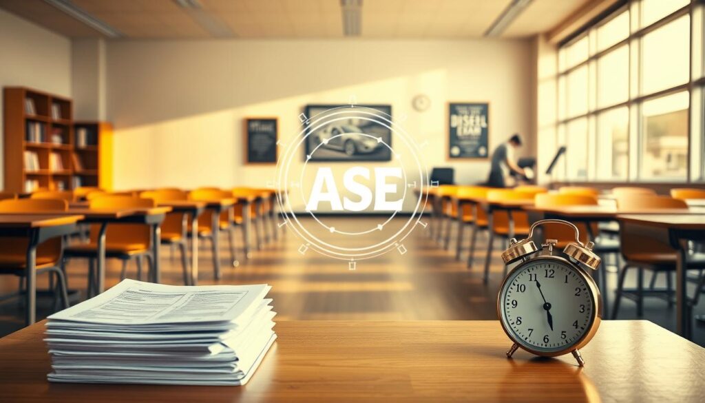 ASE exam testing center showing computer-based diesel technician certification test