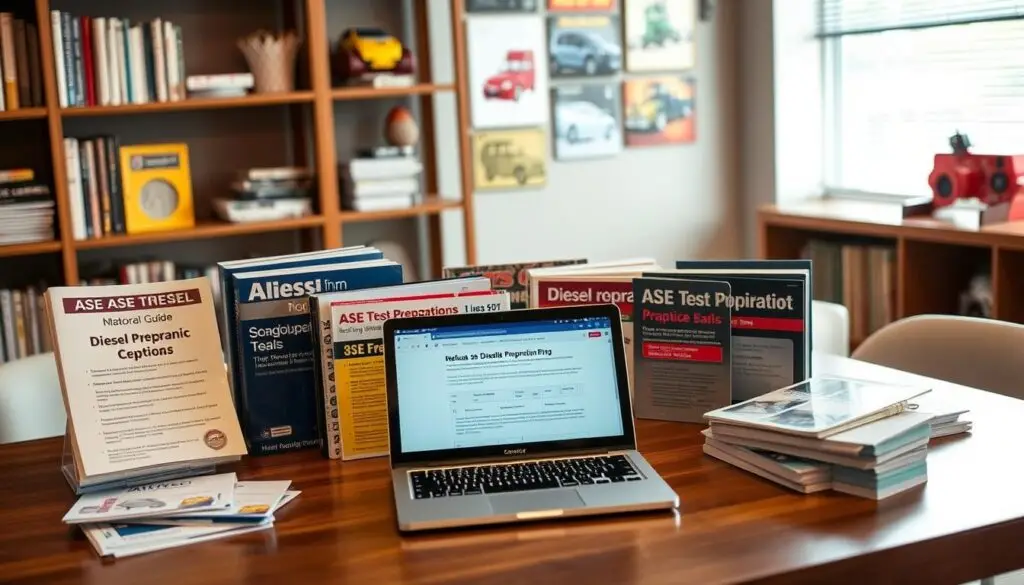 ASE test preparation study materials including guides and practice exams for diesel mechanics
