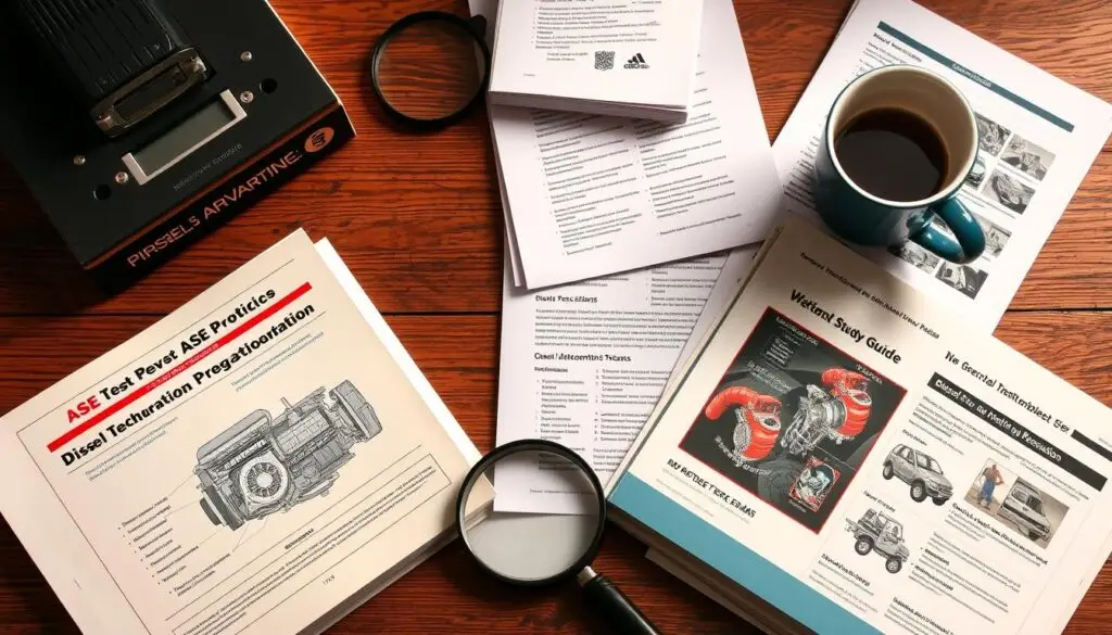ASE diesel certification study guides and practice test materials on technician workbench