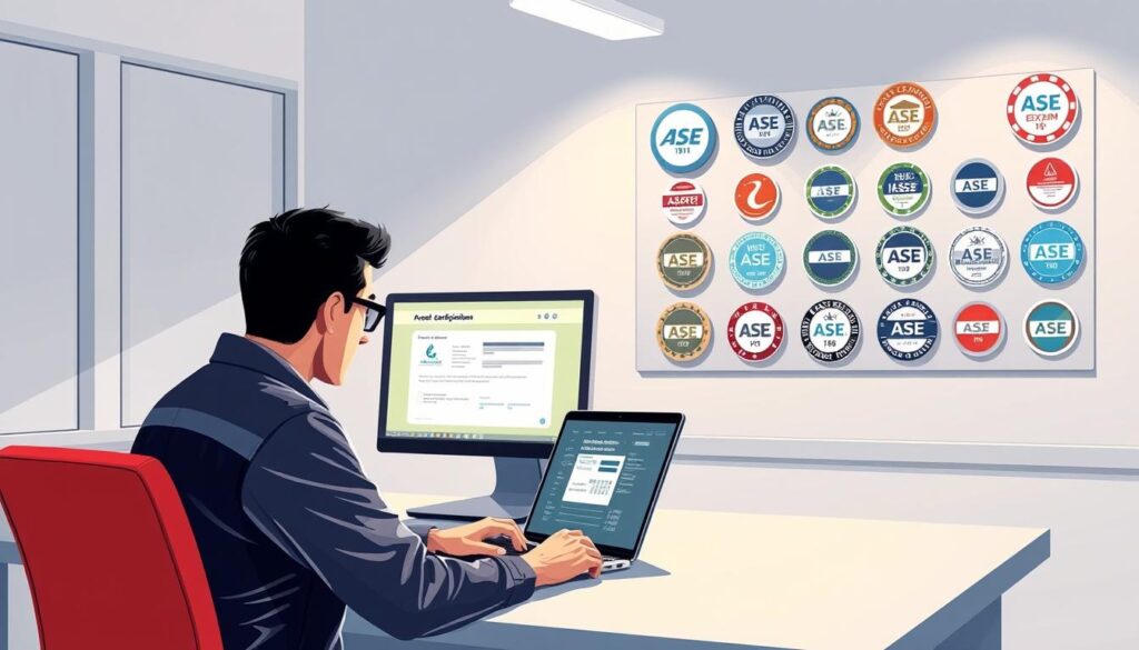 Technician completing ASE certification exam at Prometric testing center computer station