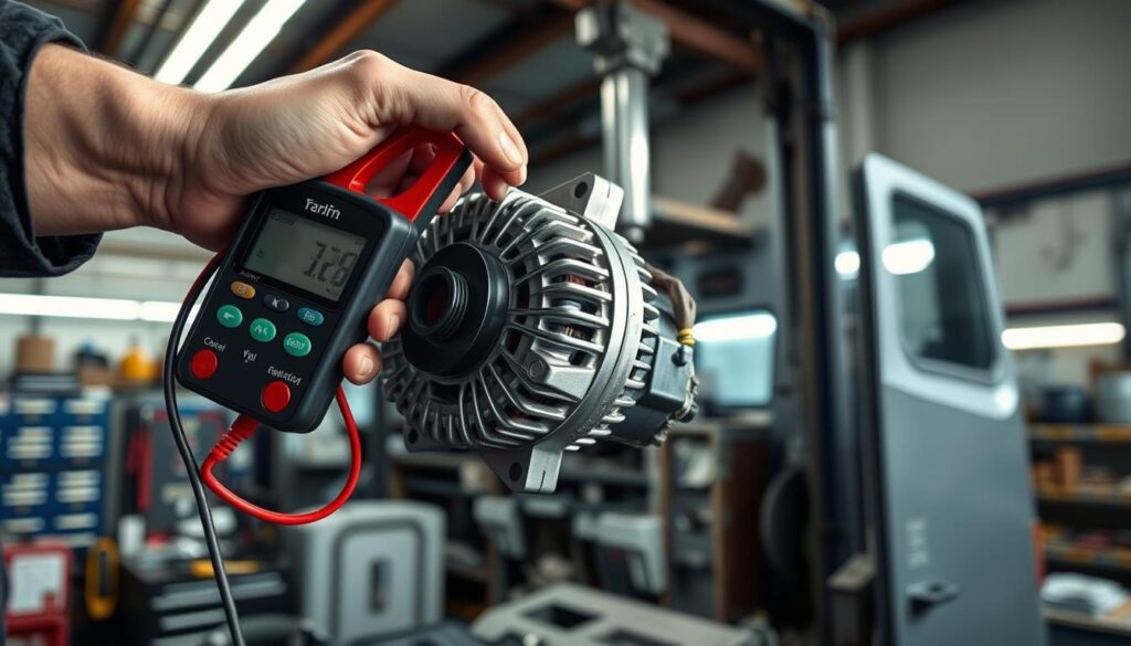Clamp meter measuring alternator amperage output on commercial vehicle