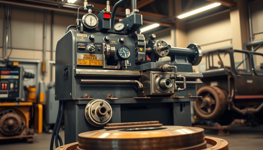 Ammco 4000E bench-mount brake lathe with rotor mounted and cutting tool engaged