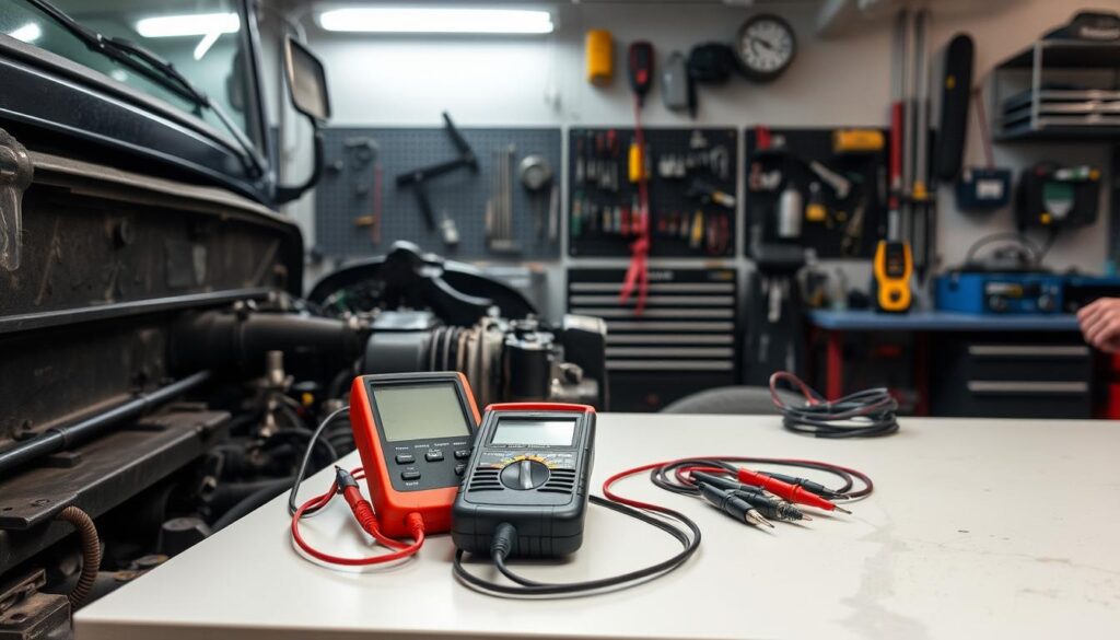 Technician performing baseline electrical checks on commercial truck battery bank