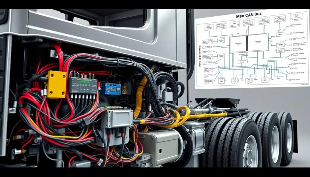 CAN bus diagnostics network architecture showing ECU connections in heavy-duty trucks