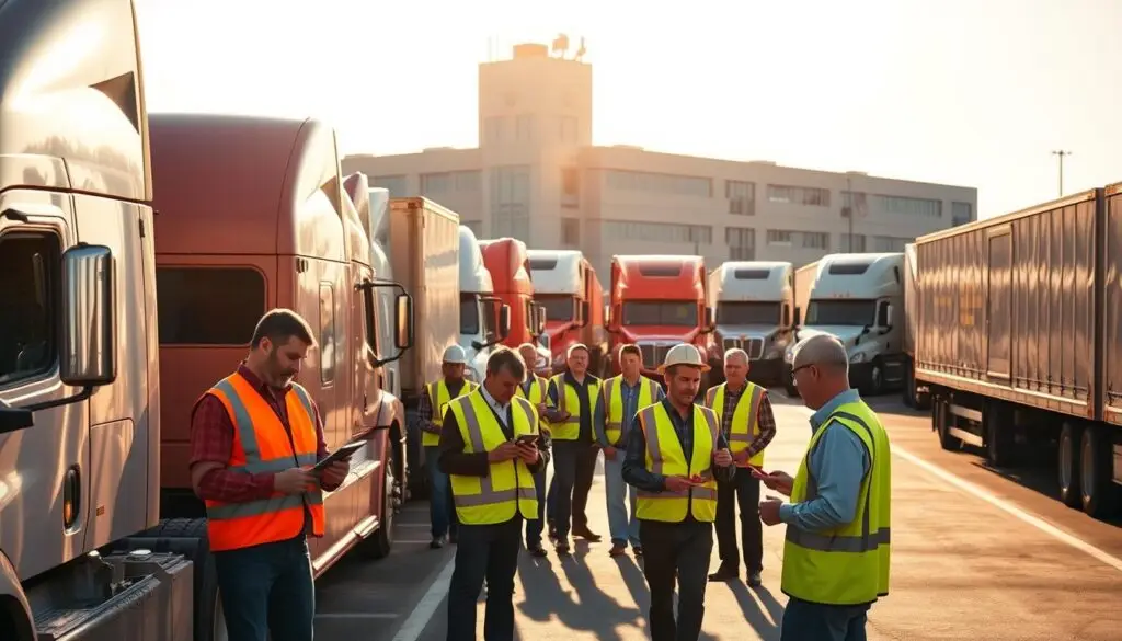 Fleet manager reviewing CARB compliance documentation at trucking terminal