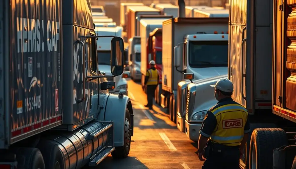 CARB enforcement officer inspecting commercial truck emissions compliance documentation