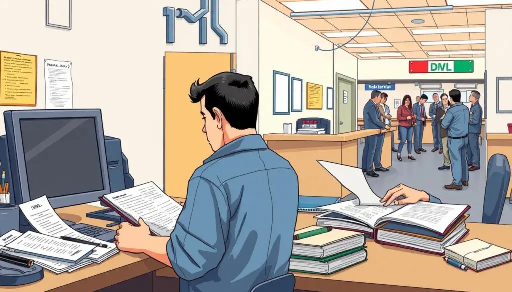Diesel mechanic studying CDL manual and preparing for commercial learner's permit knowledge examination
