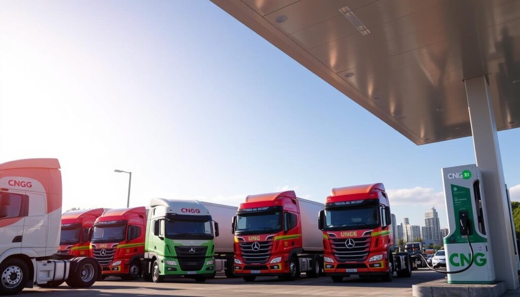 Commercial trucks refueling at a compressed natural gas fueling station with multiple dispensers
