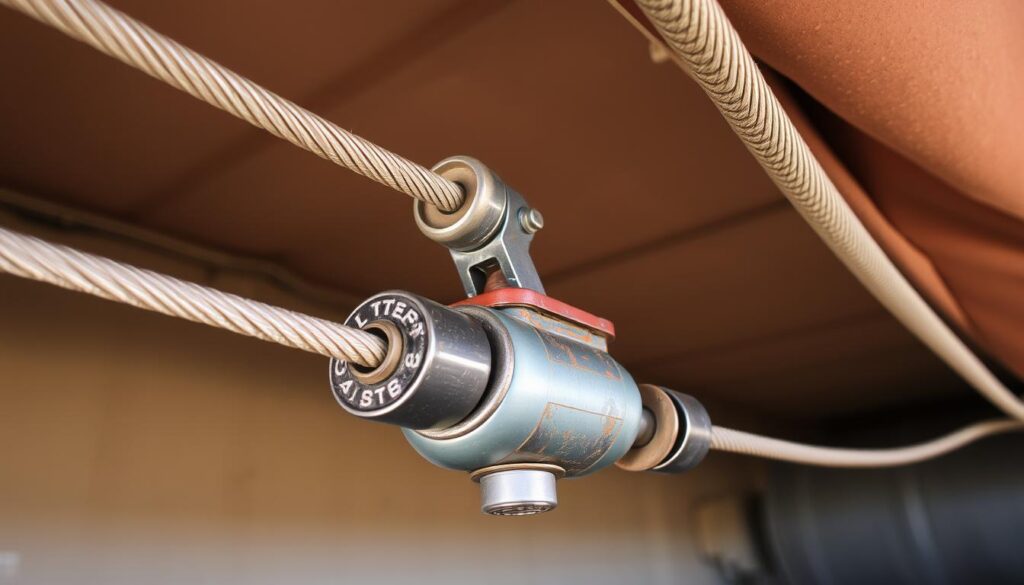 Close-up of tarp system cable showing fraying and wear points requiring replacement