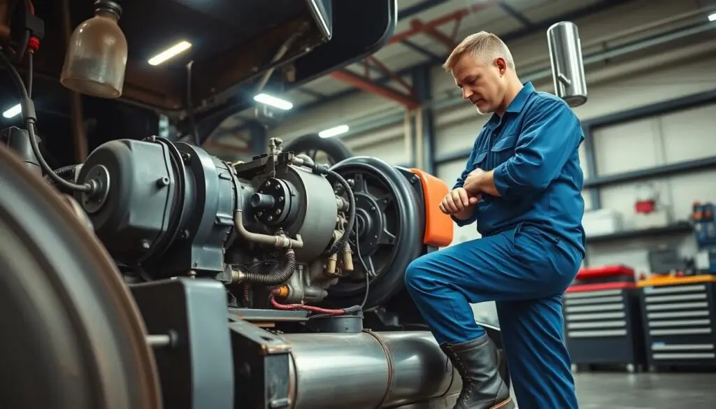 Diesel mechanic with Class A CDL certification performing maintenance on tractor-trailer combination vehicle in shop environment