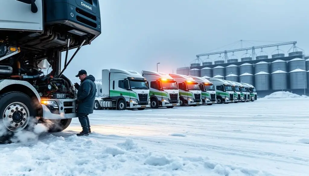 Fleet manager analyzing winter operating cost comparison data on computer dashboard showing electric versus diesel metrics