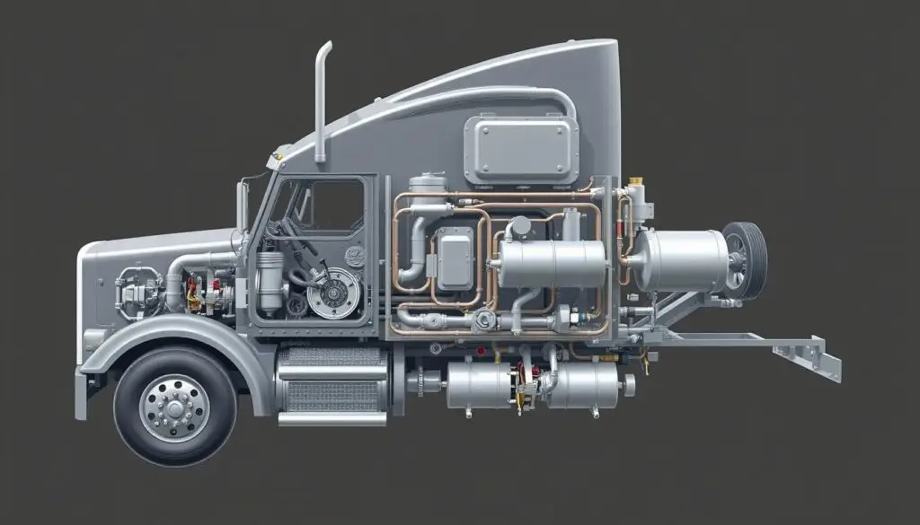 Diagram showing commercial truck air brake components including compressor, dryer, tanks, and brake chambers