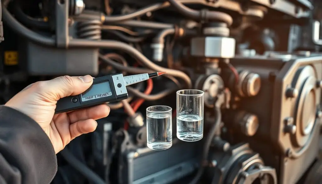Technician using refractometer to test coolant mixture and freeze point protection levels