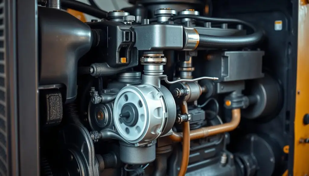 Mechanic inspecting backhoe cooling system components for failure diagnosis