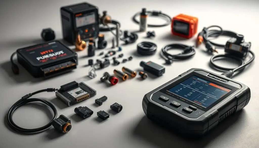 Complete diesel diagnostic kit showing rugged laptop, Nexiq adapter, cables, and software