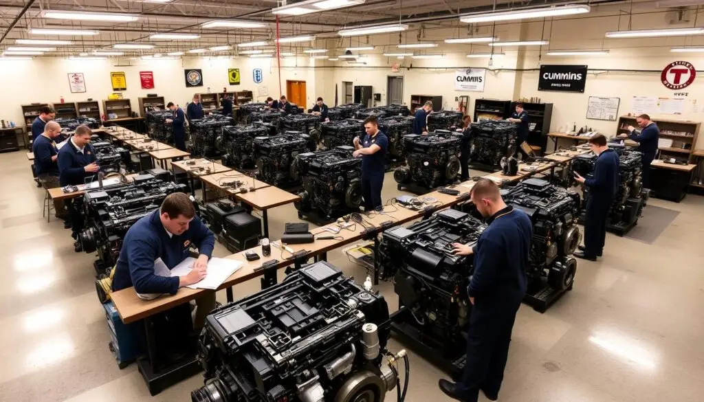 Technician performing hands-on diesel engine training with diagnostic equipment