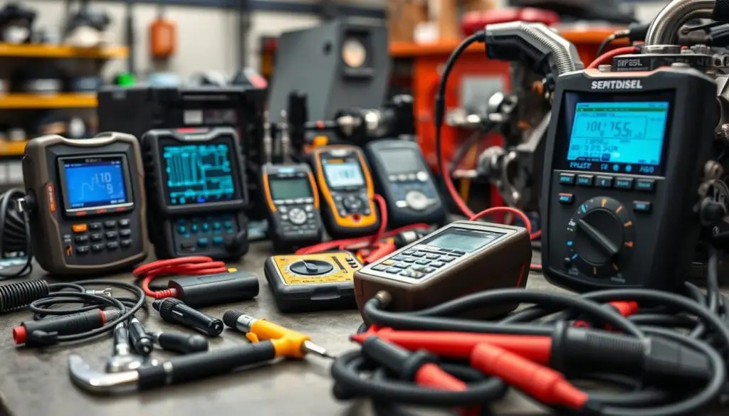 Diesel technician using OEM scan tool connected to DD15 engine for fault code diagnosis