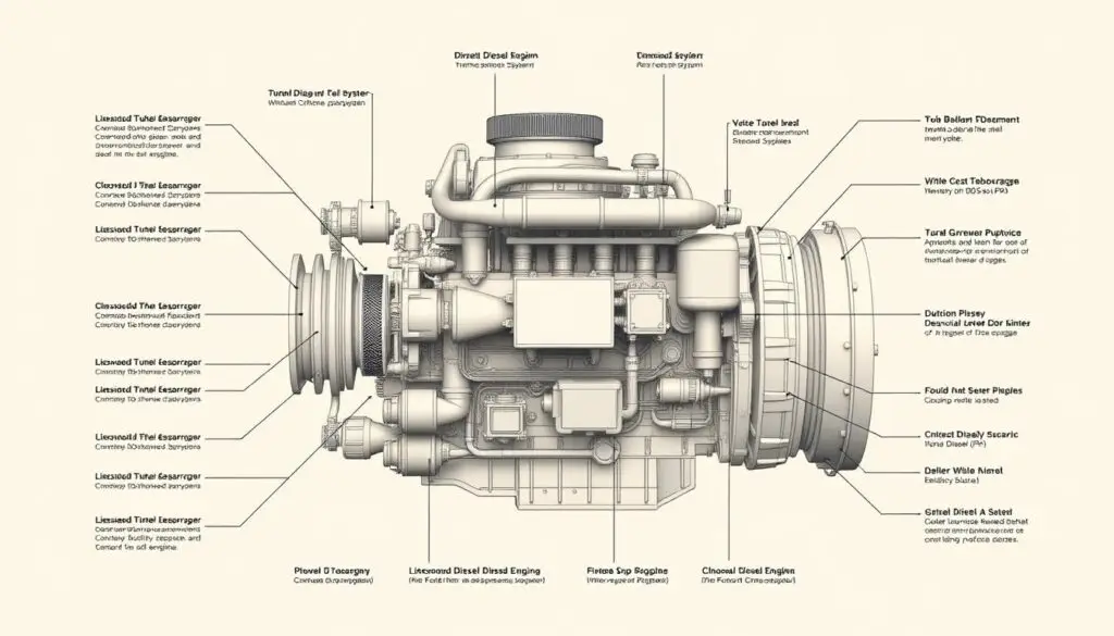 DD15 diesel engine showing internal components and specifications