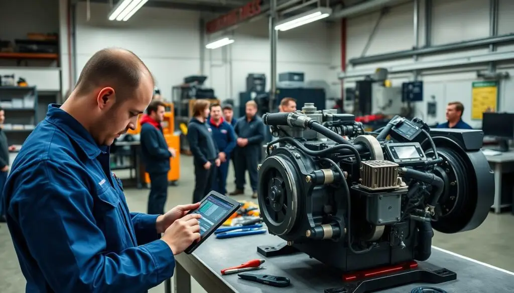 Technician using DDDL diagnostic software on DD15 engine during training