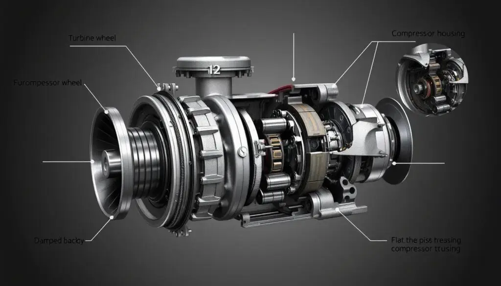 Variable geometry turbocharger showing VGT actuator and compressor housing