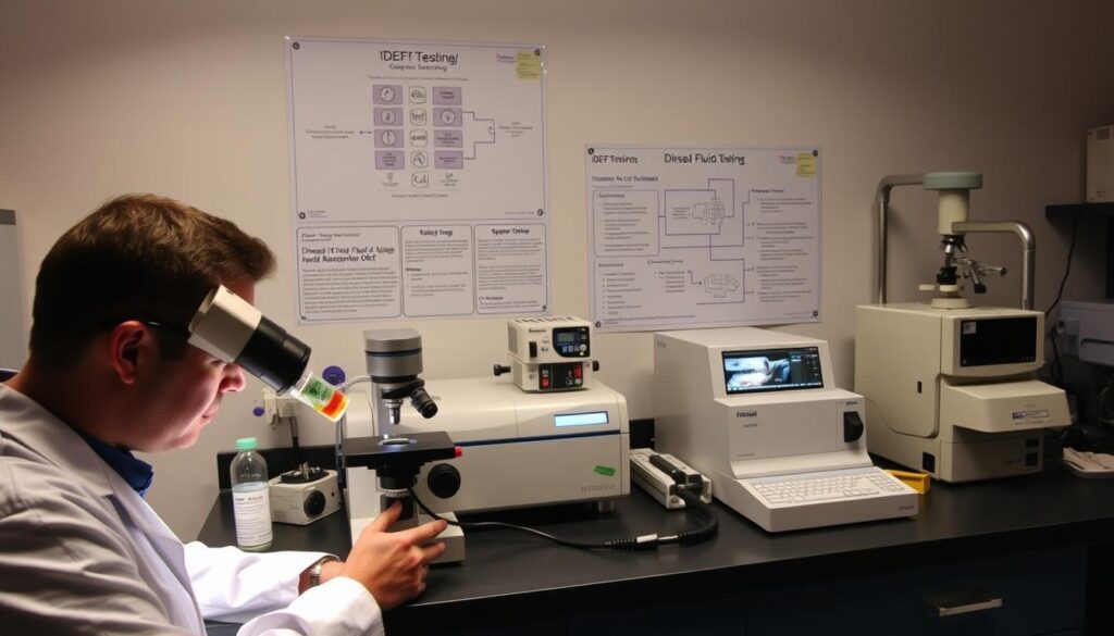 Visual comparison of clean DEF versus contaminated samples showing water dilution and diesel fuel contamination