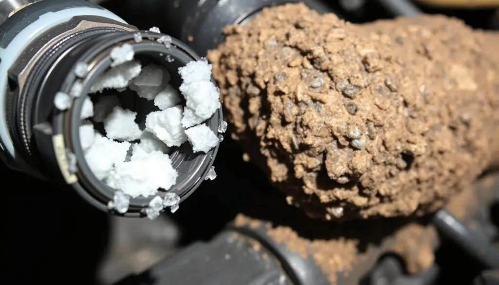 White crystalline DEF deposits blocking injector nozzle and supply lines