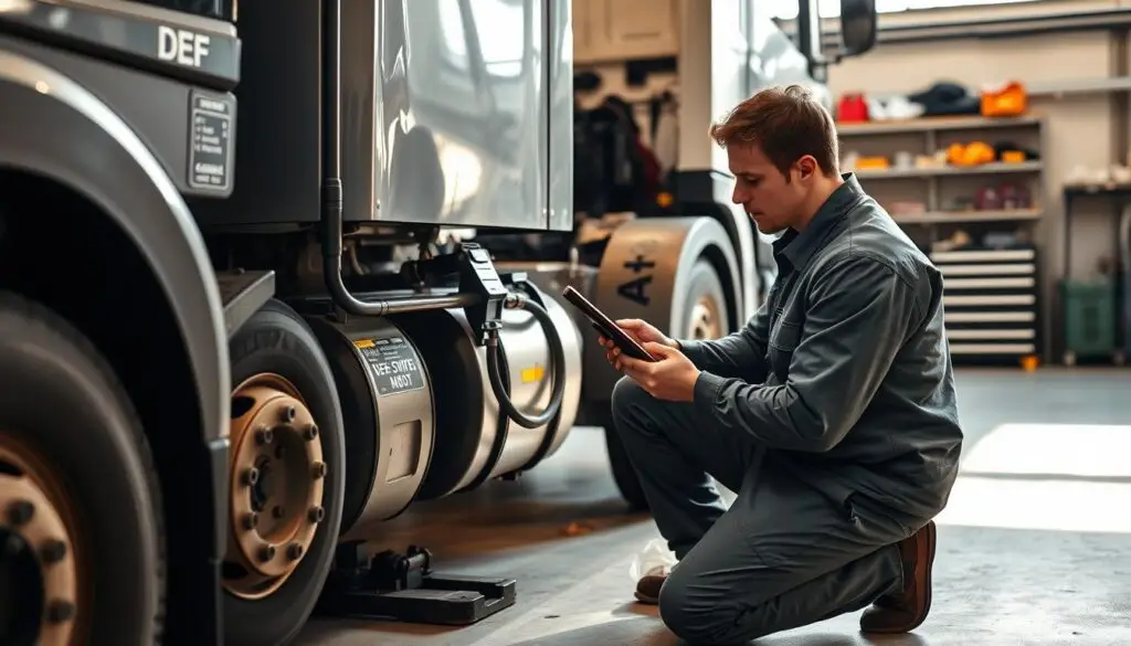 Fleet maintenance technician performing DEF system inspection with checklist