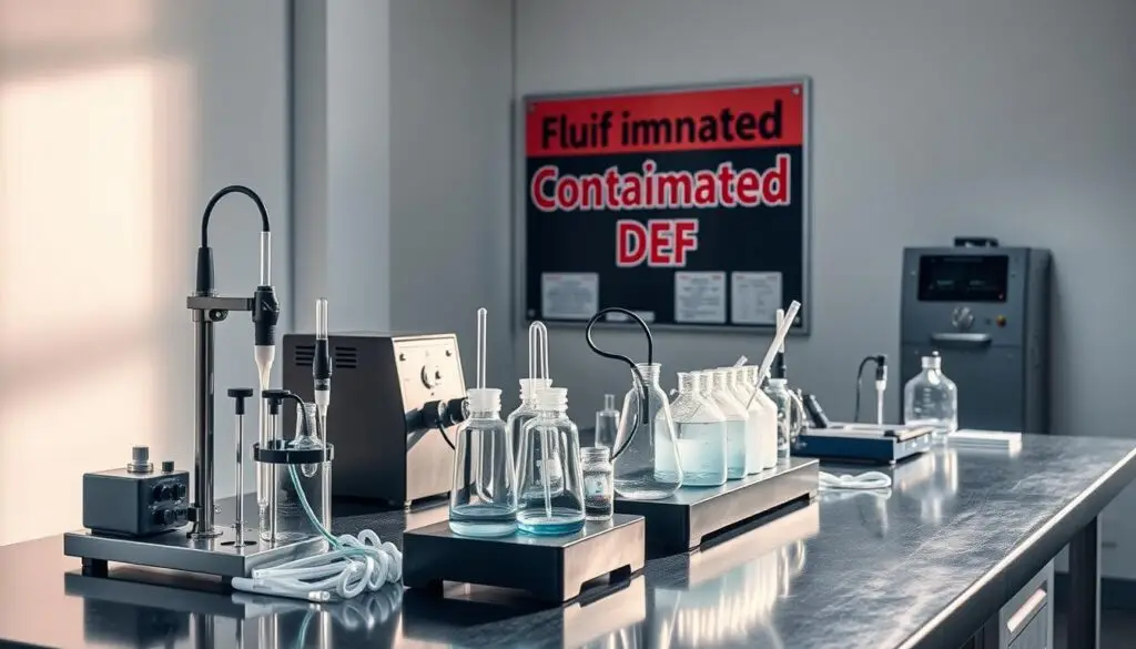 Digital refractometer testing DEF concentration with contaminated sample comparison