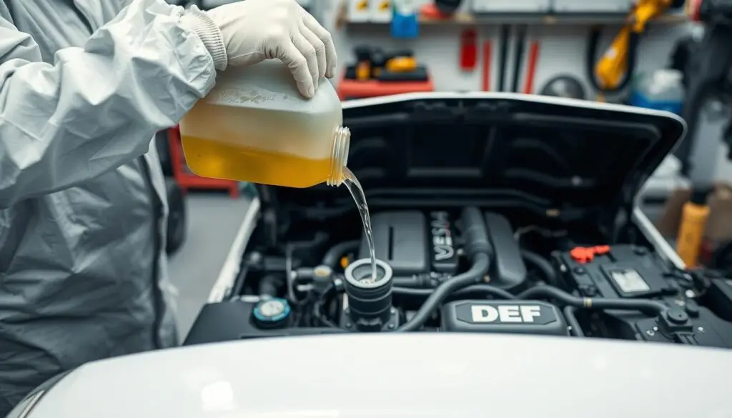 Technician cleaning DEF fill area before refueling commercial truck