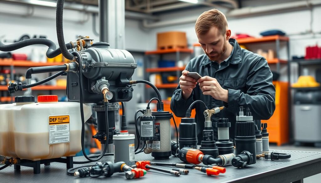 Technician inspecting DEF pump, lines, and injector components