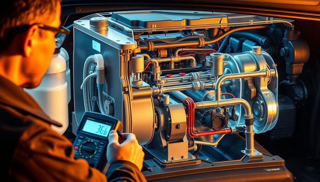 Technician performing visual inspection of DEF system components and connections