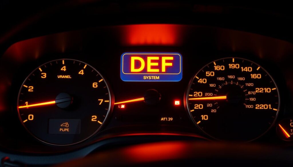 Dashboard display showing DEF level warning and SCR system malfunction indicators