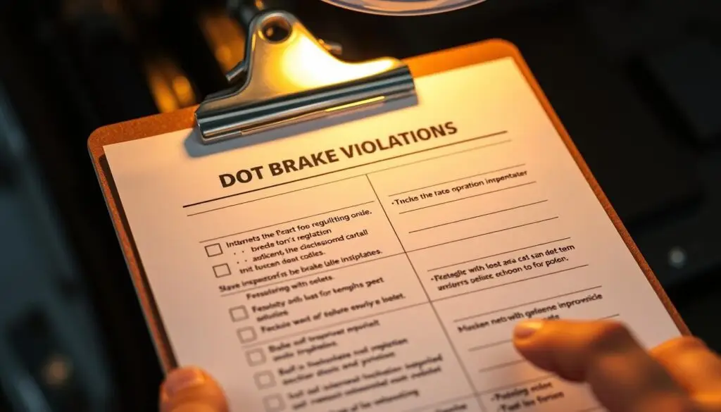 Inspector checking commercial vehicle brake system during DOT roadside inspection