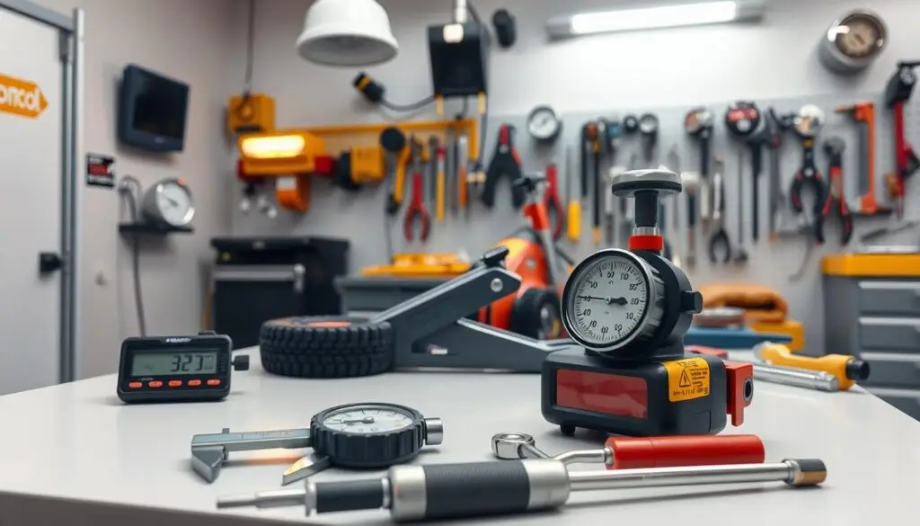 Photo showing essential DOT inspection equipment including brake measurement tools, gauges, and diagnostic devices