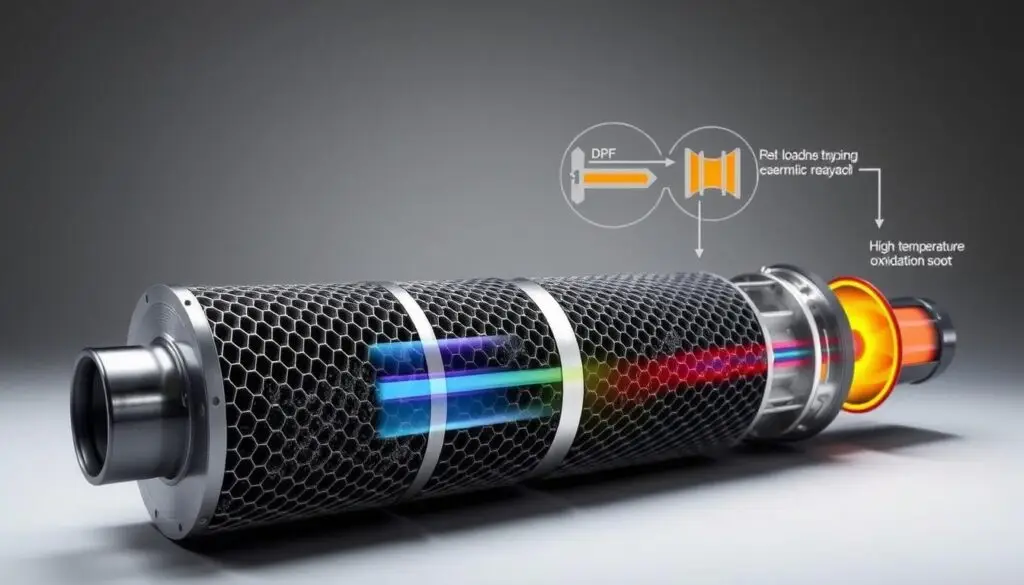 Diesel particulate filter aftertreatment system diagram illustrating exhaust flow and soot capture