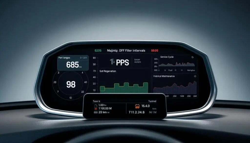 Fleet management software dashboard showing DPF maintenance intervals and vehicle status