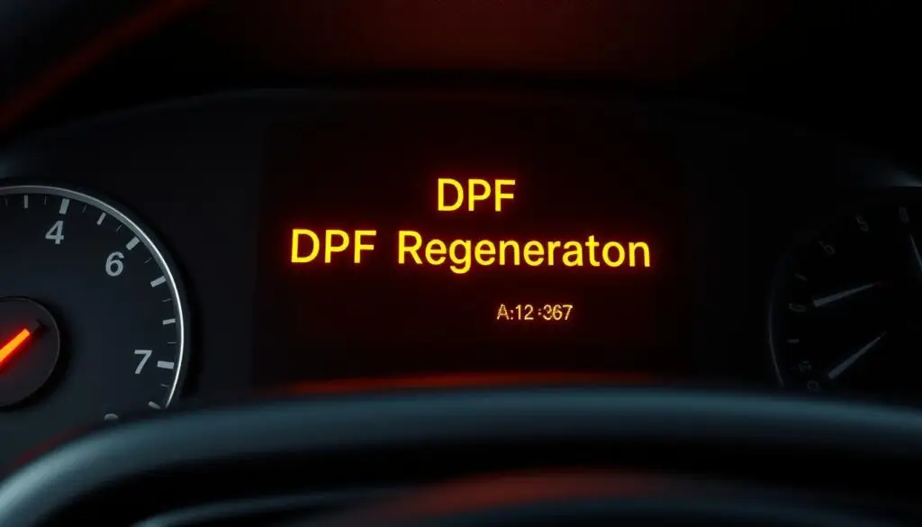 Dashboard warning light indicating DPF regeneration needed on heavy-duty truck