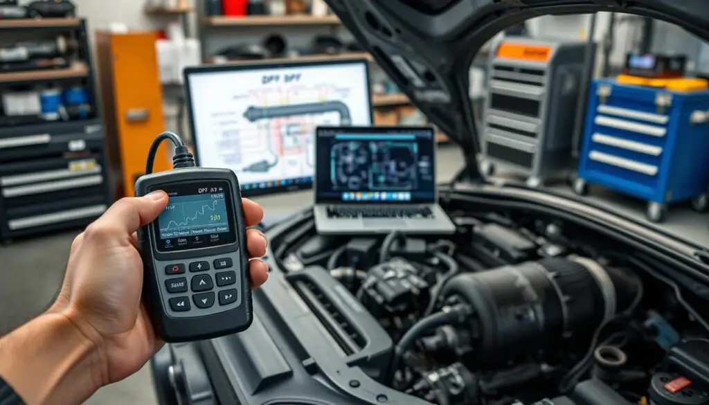 Diesel technician performing temperature sensor verification during systematic DPF troubleshooting procedure