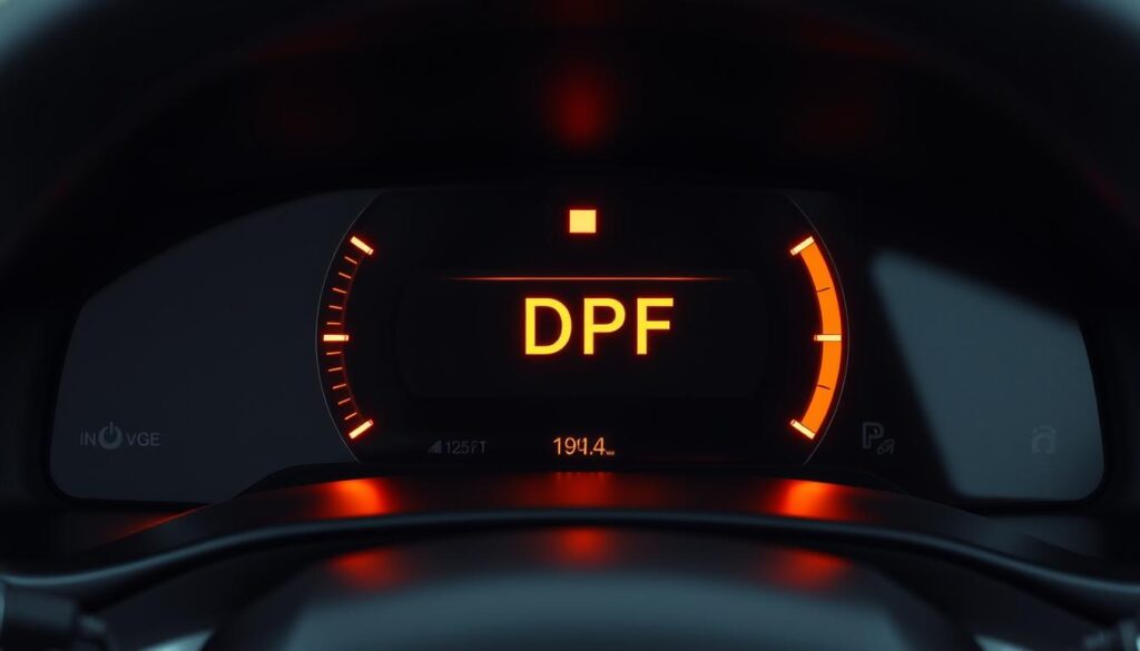 Dashboard showing illuminated DPF warning light indicating filter maintenance needed