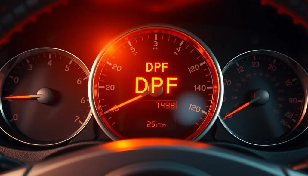 Dashboard DPF warning light illuminated on diesel truck instrument panel