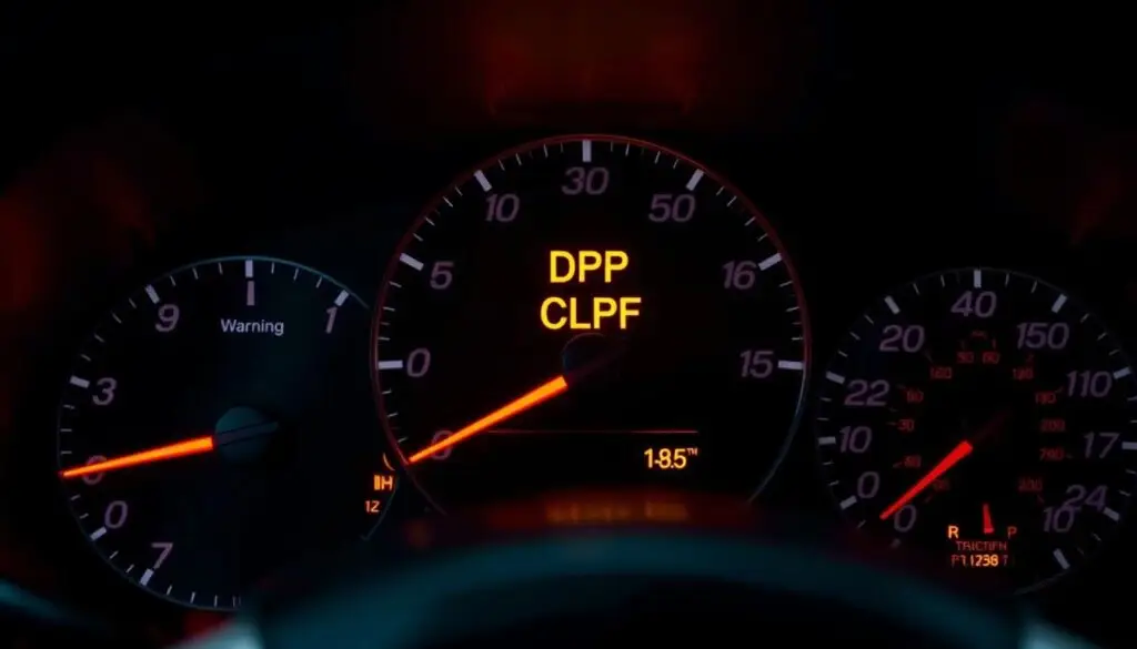 Truck dashboard displaying DPF warning light and check engine indicators