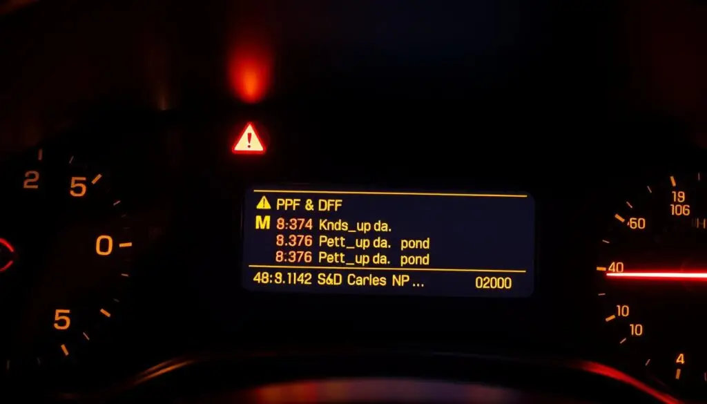 Commercial truck dashboard displaying DPF warning light and check engine indicator for regeneration issues