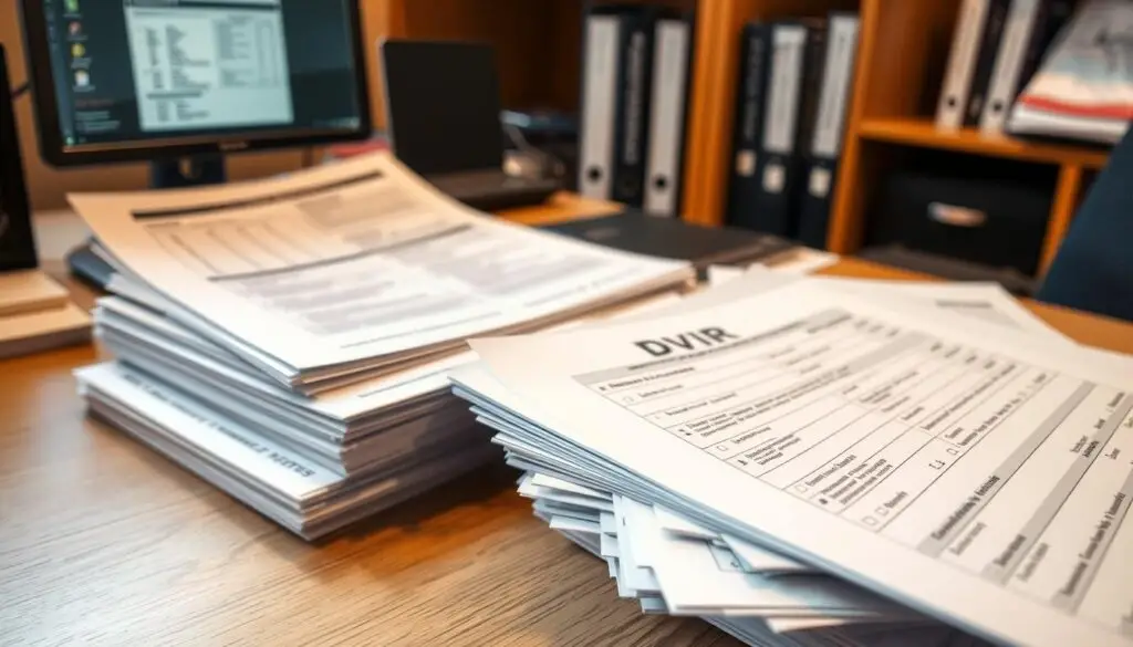 Fleet manager reviewing Driver Vehicle Inspection Reports and maintenance records