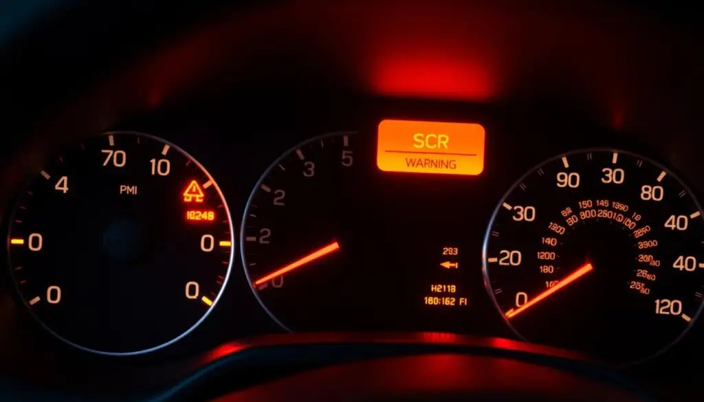 Dashboard warning lights indicating SCR malfunction symptoms